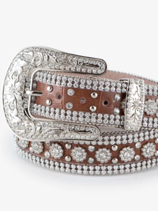 Angel Ranch Genuine Leather Floral Rhinestone Faux Gator Belt Size S/M Western main image 8
